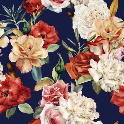 Behang Kleurrijke rozen op donkerblauwe grafische achtergrond