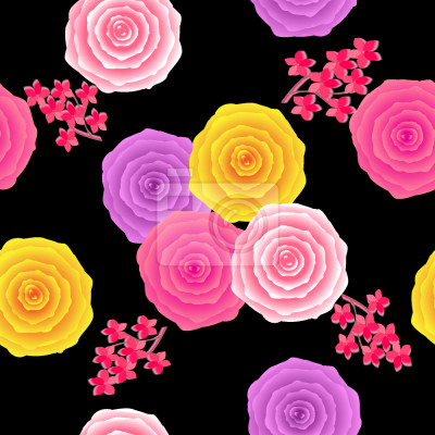 Behang Kleurrijke rozen op zwarte grafische achtergrond