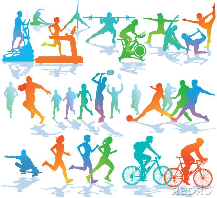 Behang Kleurrijke silhouetten van atleten op een witte achtergrond.