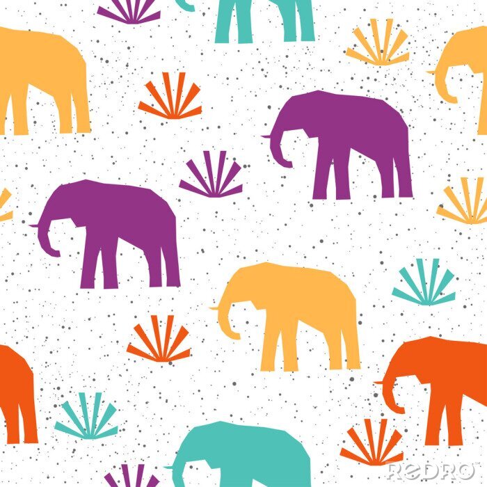 Behang Kleurrijke silhouetten van olifanten en planten