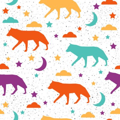 Behang Kleurrijke silhouetten van wolven met sterren en wolken