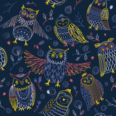 Behang Kleurrijke uilen op een witte achtergrond