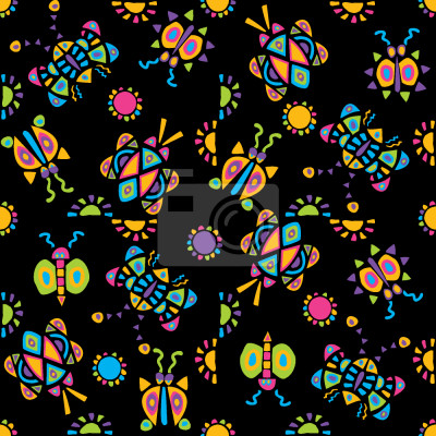 Behang Kleurrijke vlinders en insecten op een zwarte achtergrond