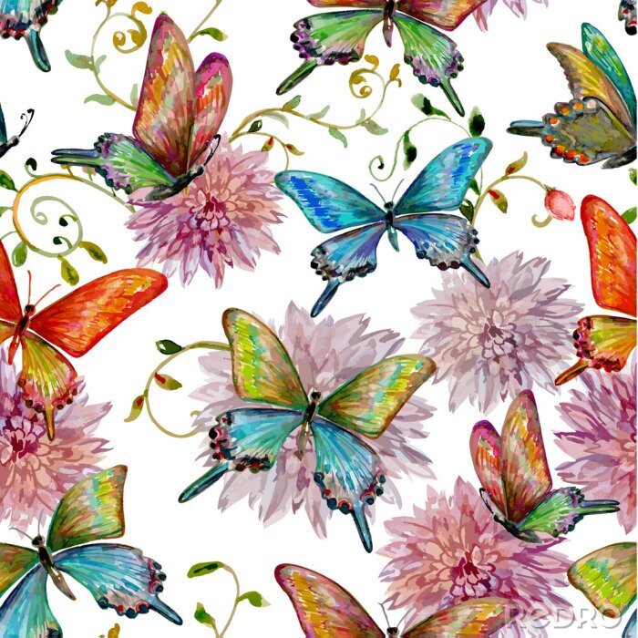 Behang Kleurrijke vlinders en roze bloemen