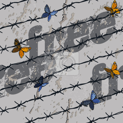 Behang Kleurrijke vlinders op een draadomheining