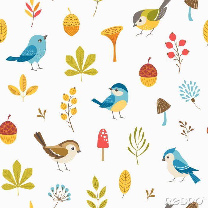 Behang Kleurrijke vogels en herfstplanten