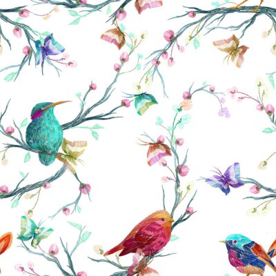 Behang Kleurrijke vogels op bomen en takjes