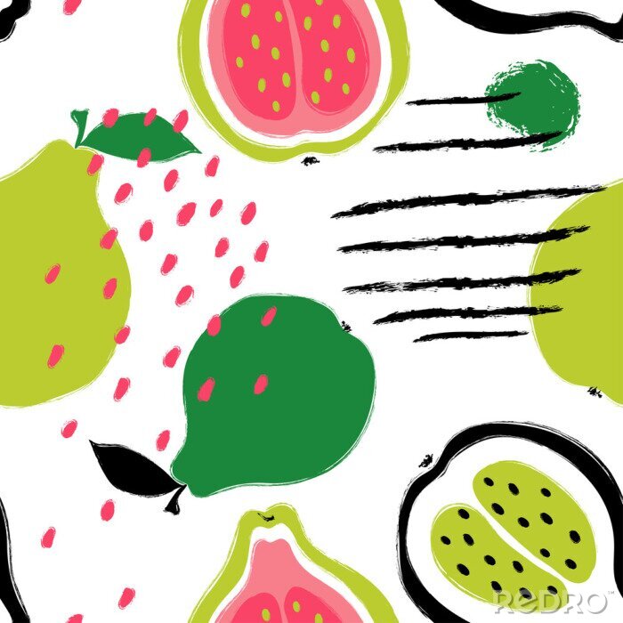Behang Kleurrijke vruchten geschilderd op een witte achtergrond