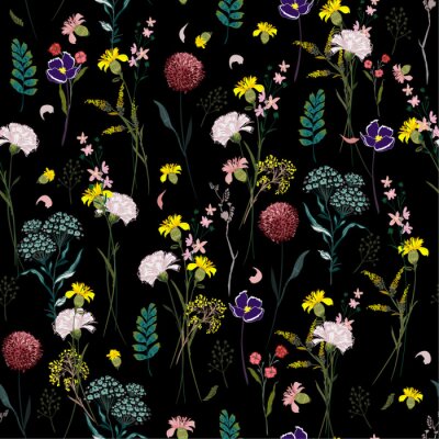 Behang Kleurrijke wilde bloemen op een zwarte achtergrond