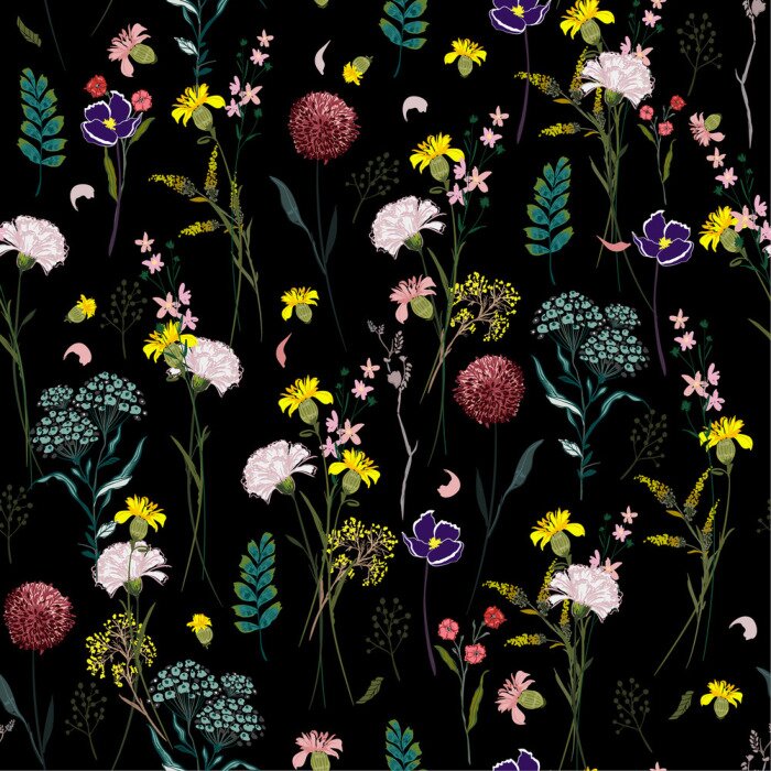 Behang Kleurrijke wilde bloemen op een zwarte achtergrond