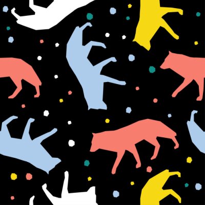 Behang Kleurrijke wolven en kleine vormen op een zwarte achtergrond