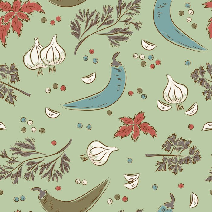 Behang Knoflookpepers en kruiden in vintage stijl