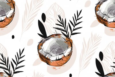Behang Kokosnoothelften en bladeren