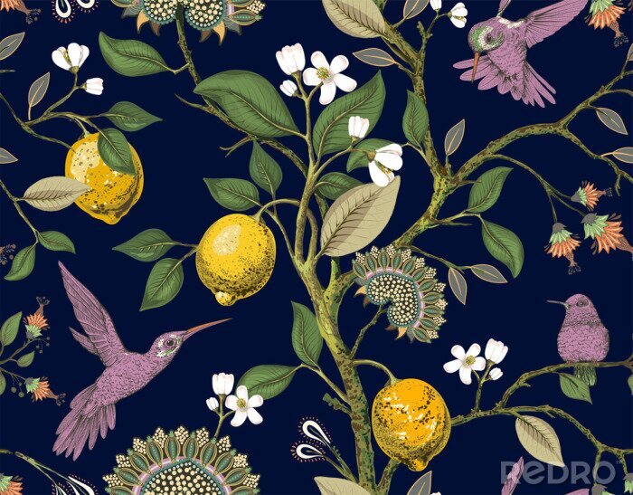 Behang Kolibries en citroenen donker patroon
