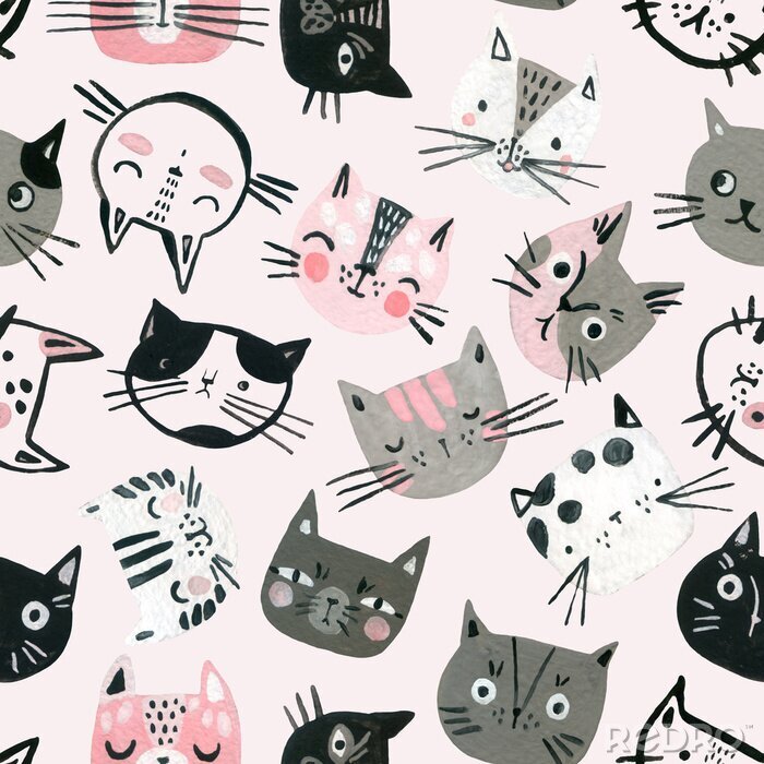 Behang Koppen van katten op een roze achtergrond