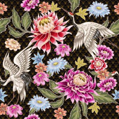Behang Kraanvogels en exotische Japanse bloemen