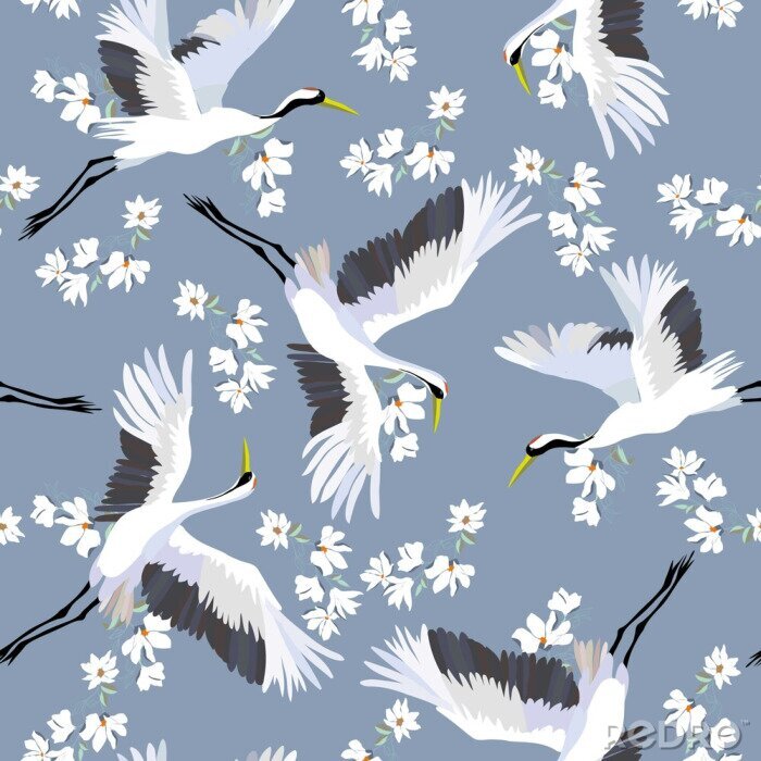 Behang Kraanvogels en witte bloemen op een blauwe achtergrond