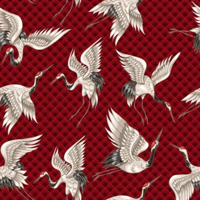 Behang Kranen op een gevormde rode achtergrond