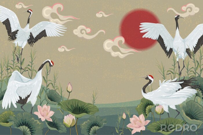Behang Kranen op het veld japanse illustratie
