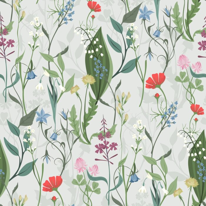 Behang Kruiden en kleurrijke wilde bloemen