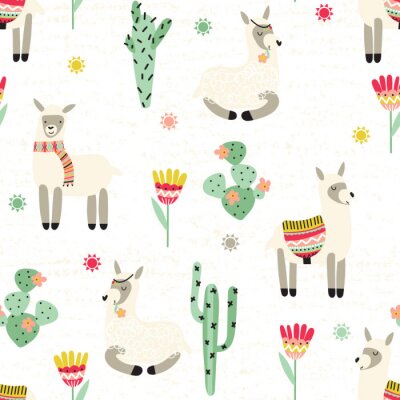 Behang Lama bloemen en cactussen