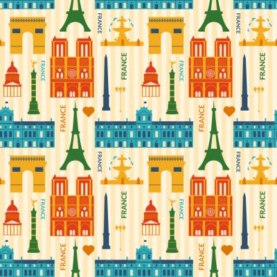 Behang Landmarks van Frankrijk kleurrijke naadloze patroon