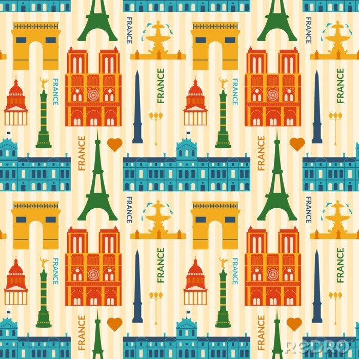 Behang Landmarks van Frankrijk kleurrijke naadloze patroon