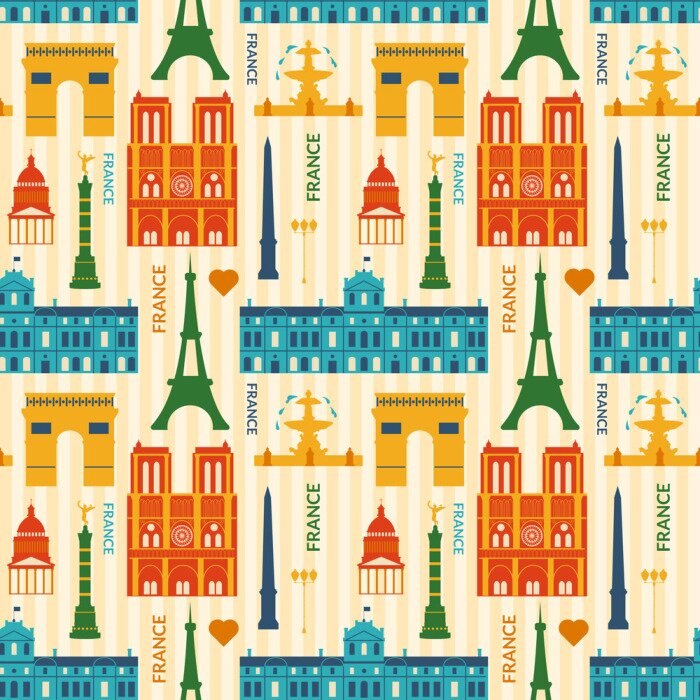 Behang Landmarks van Frankrijk kleurrijke naadloze patroon