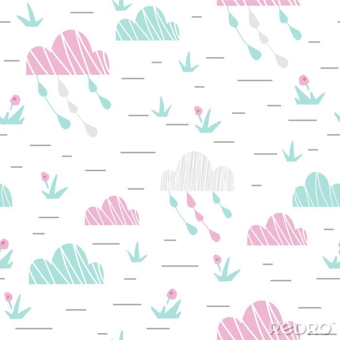 Behang Landscape with clouds and grass baby cute seamless pattern. Sweet cool illustration for nursery wallpaper, t-shirt, kids apparel, baby print, party. Simple girly design