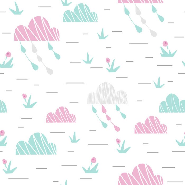 Behang Landscape with clouds and grass baby cute seamless pattern. Sweet cool illustration for nursery wallpaper, t-shirt, kids apparel, baby print, party. Simple girly design