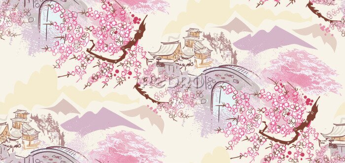 Behang Landschap in oosterse stijl