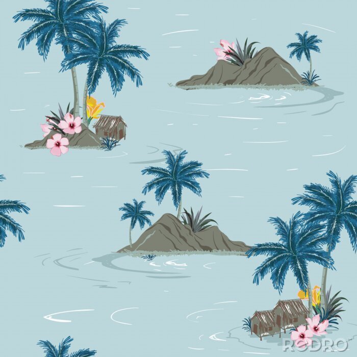 Behang Landschap met palmbomen, strand en oceaan vector hand getrokken stijl.