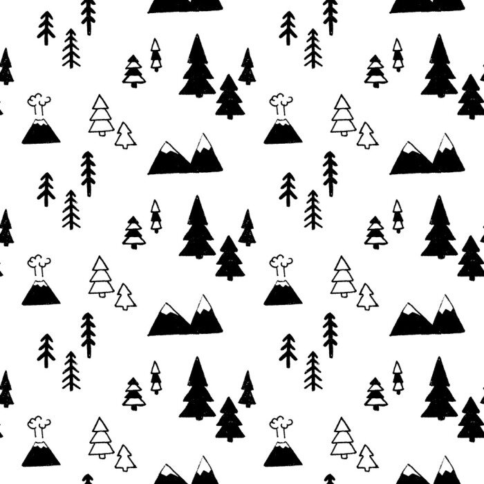 Behang Landschap tekenen - bergen en bos