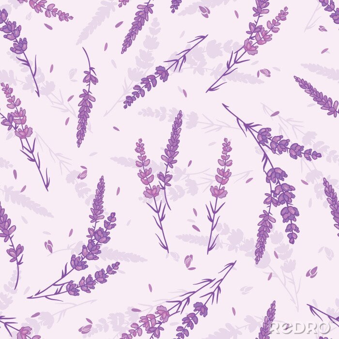Behang Lavendel veld vector naadloze herhalingspatroon. Mooie violette lavendel retro achtergrond. Elegante stof op lichte achtergrondontwerp van het oppervlaktepatroon.