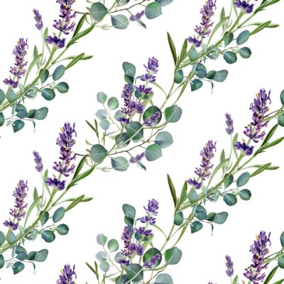 Behang Lavendelbloemen tussen groene eucalyptustakjes