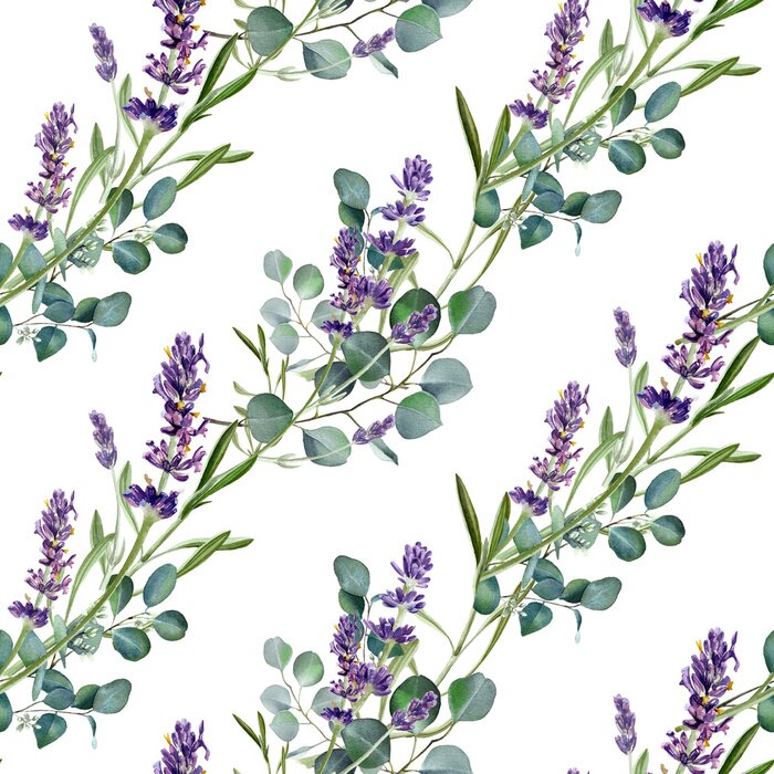 Behang Lavendelbloemen tussen groene eucalyptustakjes