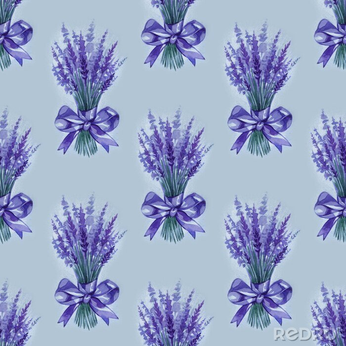 Behang Lavender flowers purple watercolor seamless pattern. Beautiful violet lavender retro background. Elegant fabric on light background Surface pattern design.