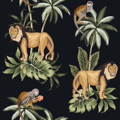 Behang Leeuwen en apen tussen de palmbomen
