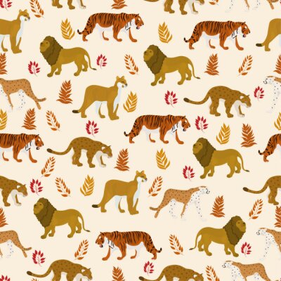 Behang Leeuwen en tijgers tussen tropische bladeren