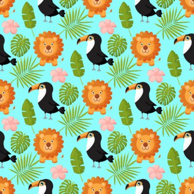 Behang Leeuwen en toekans tussen groene tropische bladeren