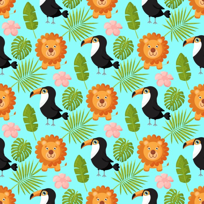 Behang Leeuwen en toekans tussen groene tropische bladeren