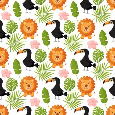 Behang Leeuwen en toekans tussen palmbladeren