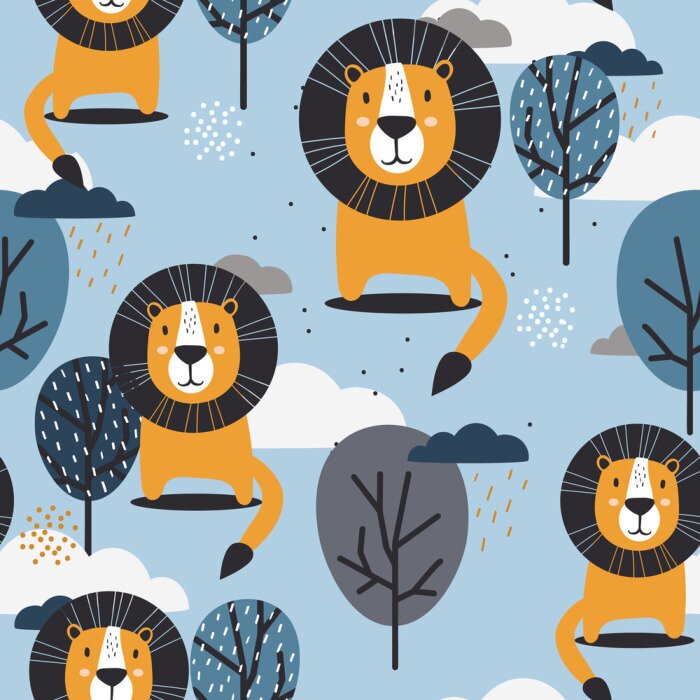 Behang Leeuwen tussen bomen en wolken