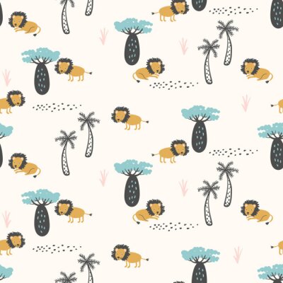 Behang Leeuwen tussen tropische planten voor kinderen