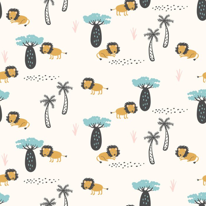 Behang Leeuwen tussen tropische planten voor kinderen