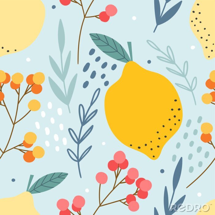 Behang Lemons and berries seamless pattern for print, textile, fabric. Hand drawn citrus fruits background.
