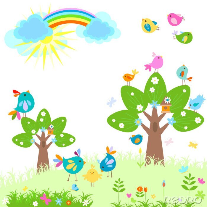 Behang Lente kleurrijk landschap met een regenboog