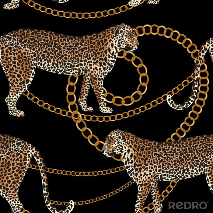 Behang Leopard naadloze patroon. Tijgerhuid print met gouden ketting. Dierlijke achtergrond. Vector illustratie