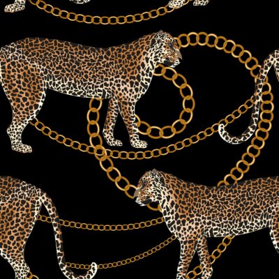 Behang Leopard naadloze patroon. Tijgerhuid print met gouden ketting. Dierlijke achtergrond. Vector illustratie