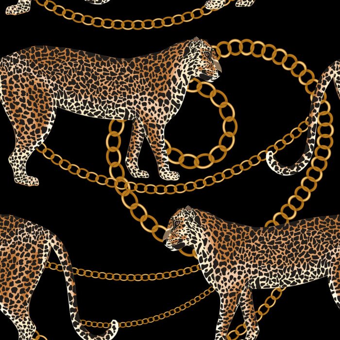 Behang Leopard naadloze patroon. Tijgerhuid print met gouden ketting. Dierlijke achtergrond. Vector illustratie